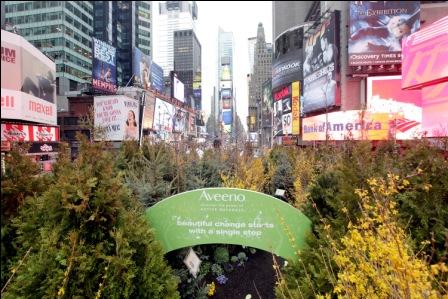 AVEENO(R) creates the ACTIVE NATURALS(R) pop-up forest in Times Square to educate consumers about environmental sustainability and a greener, healthier planet, Thursday, Apr. 7, 2011 in New York. This was the first time a forest has been in Times Square since the Dutch landed in New York. (Gary He/Insider Images for Aveeno)