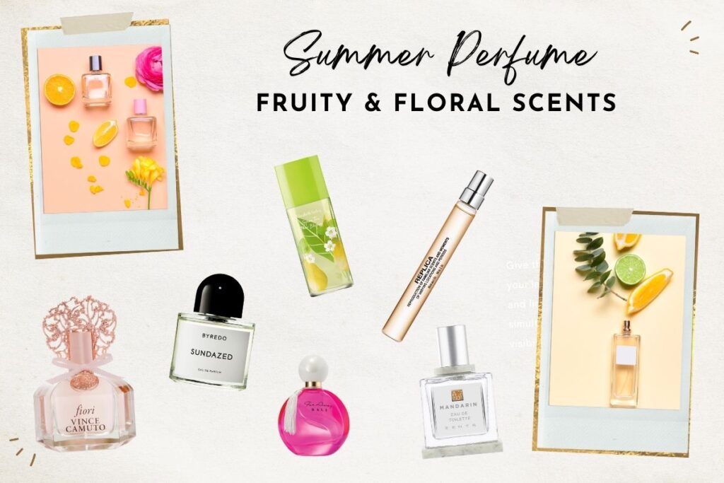 Collage of summer perfumes that are fruity and floral. 